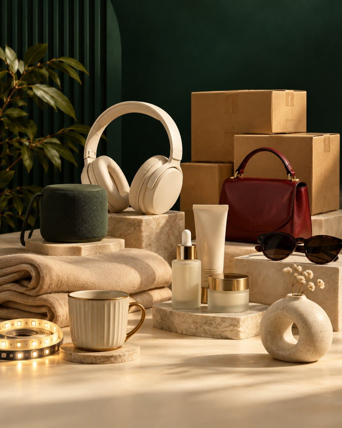 Imported headphones, speaker, handbag, sunglasses, skincare and ceramics arranged with delivery boxes